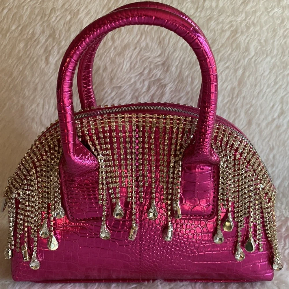 NWOT Adorably Chic Hot Pink Faux Croco Leather with dangling Rhinestones Bag - Picture 12 of 16